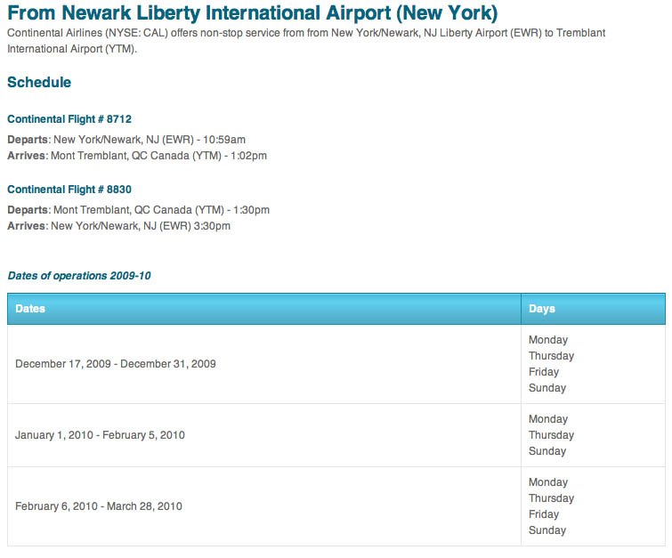 continental airlines scheduled service from Liberty Airport to Montreal's Mont Tremblant Ski resort