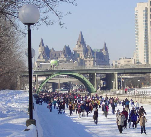 the forzen rideau canal is transformed into the world's longest ice skating rink